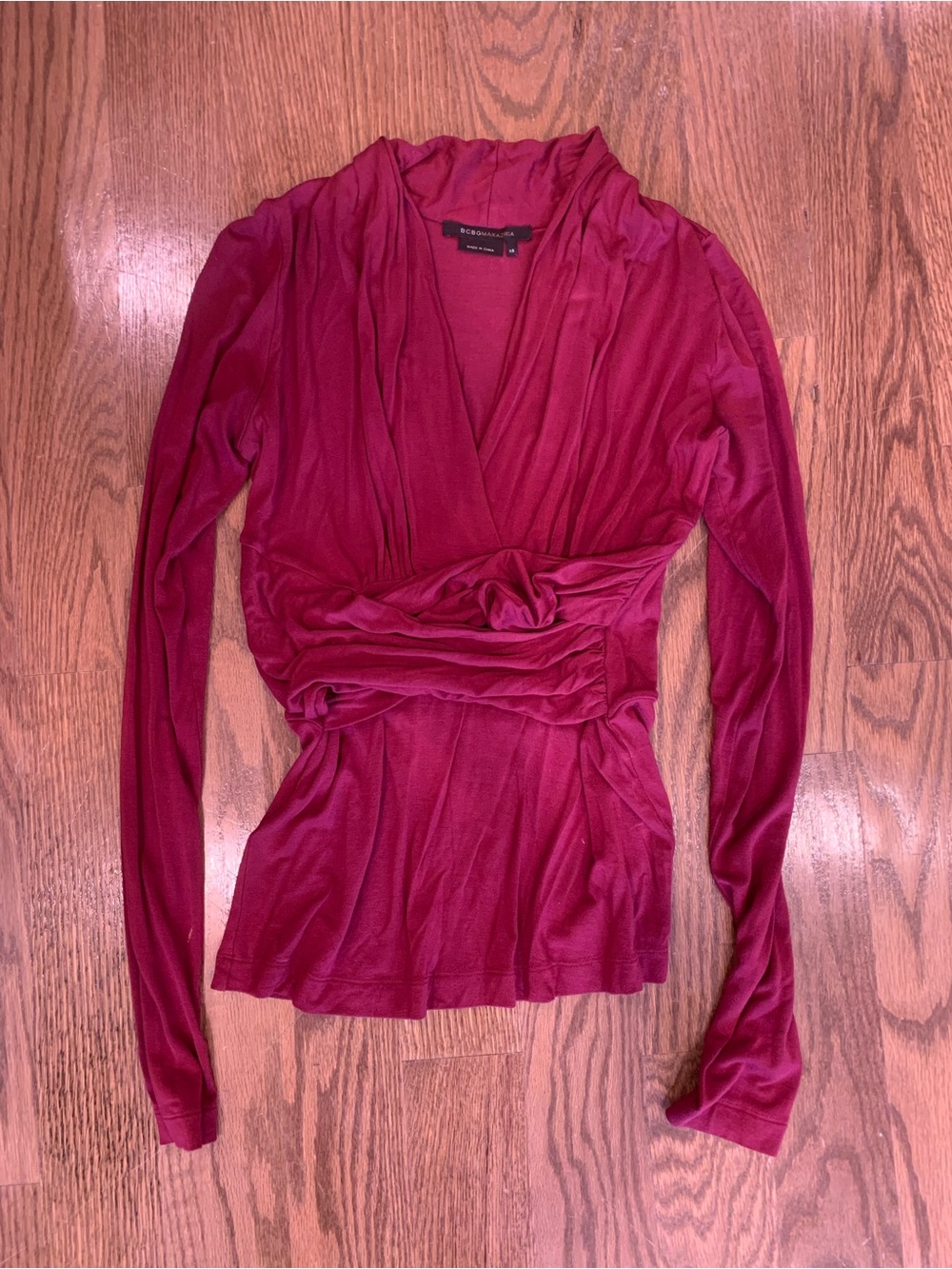 BCBGMaxAzria Long-Sleeve Surplice Wrap Top in Raspberry